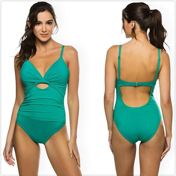 La Blanca Emerald Green Island Goddess Twist Keyhole One Piece Swimsuit NWT 12 - Picture 1 of 5